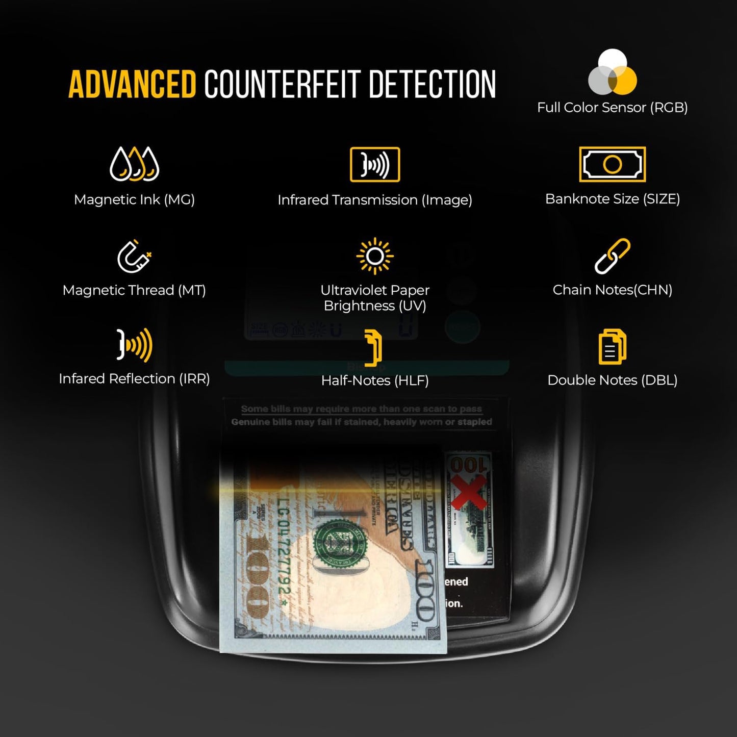 KOLIBRI Bishop Automatic Counterfeit Bill Detector Machine with 5 Advanced Counterfeit Detection Checks UV/MG/IR/Size/RGB - Fake Money Detector, LCD Screen, Easy to Use, Compact and Lightweight