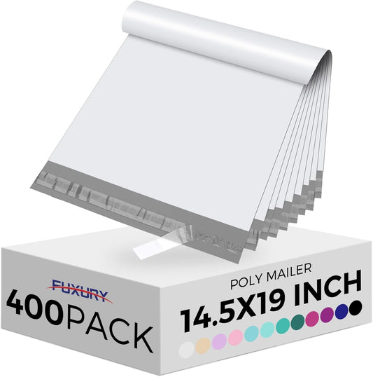 Fuxury Poly Mailers 14.5x19" 400Pcs Bulk Shipping Bags for Clothing Strong Adhesive Shipping Envelopes Waterproof Packaging Mailing Bag for Small Business White Polymailers