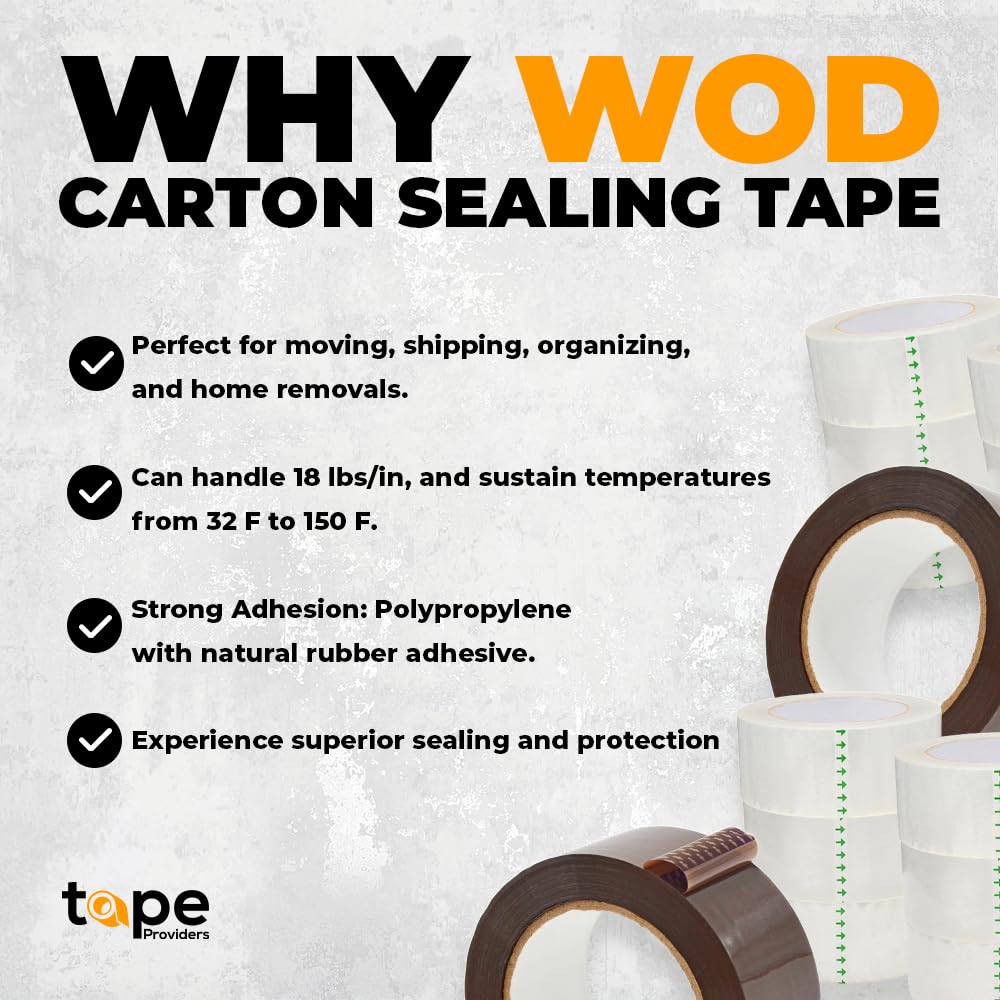 WOD CST20WBA Clear Packing Tape - 2" in. x 60 Yards Per Roll (6 Rolls) - Strong Heavy-Duty Industrial Shipping Box Packaging Tape for Moving, Office, & Storage