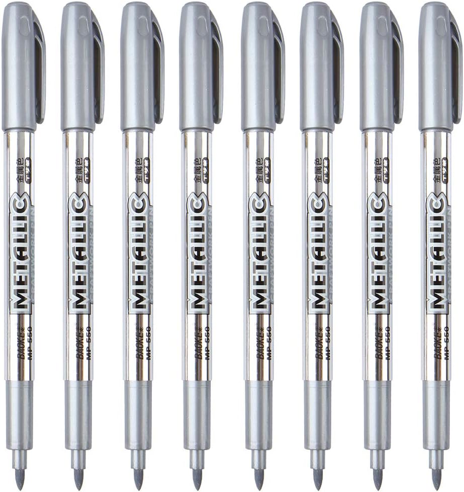 MYARTOOL Metallic Marker Pens, Silver Metallic Permanent Markers for Artist Illustration, Crafts, Gift Card Making, Scrapbooking, Fabric, DIY Photo Album, Value Set of 8