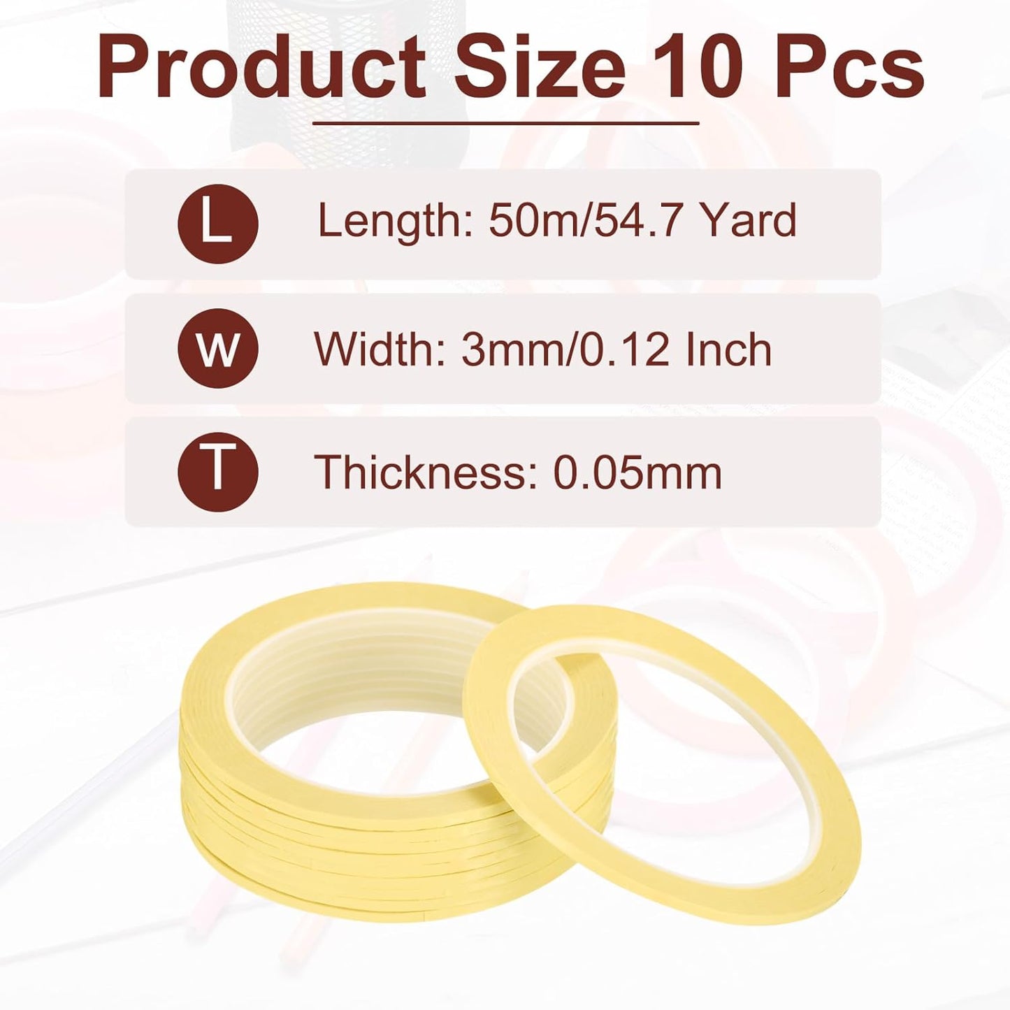 MECCANIXITY 10 Rolls Whiteboard Tape Graphic Chart Tape 3mm 54.7 Yard Art Tape Thin Self-Adhesive Pinstripe Tape Masking Tape for Gift Wrapping Craft Supplies, Light Yellow