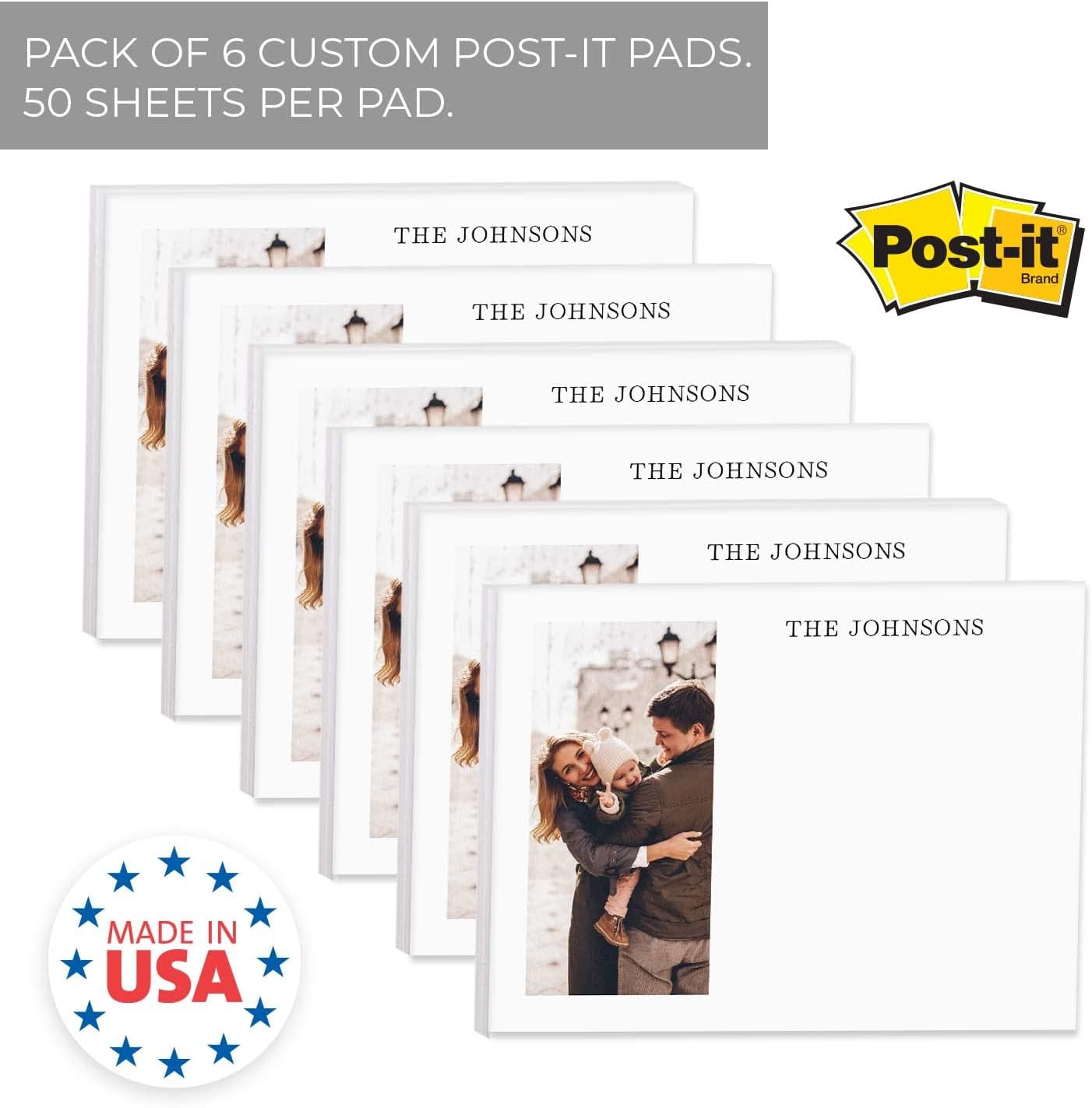 Personalized Photo Sticky Note Pads / 4" x 3" Repositionable Custom Sticky Notes / 50 Sheets Per Pad/Set of 6 / Made in USA
