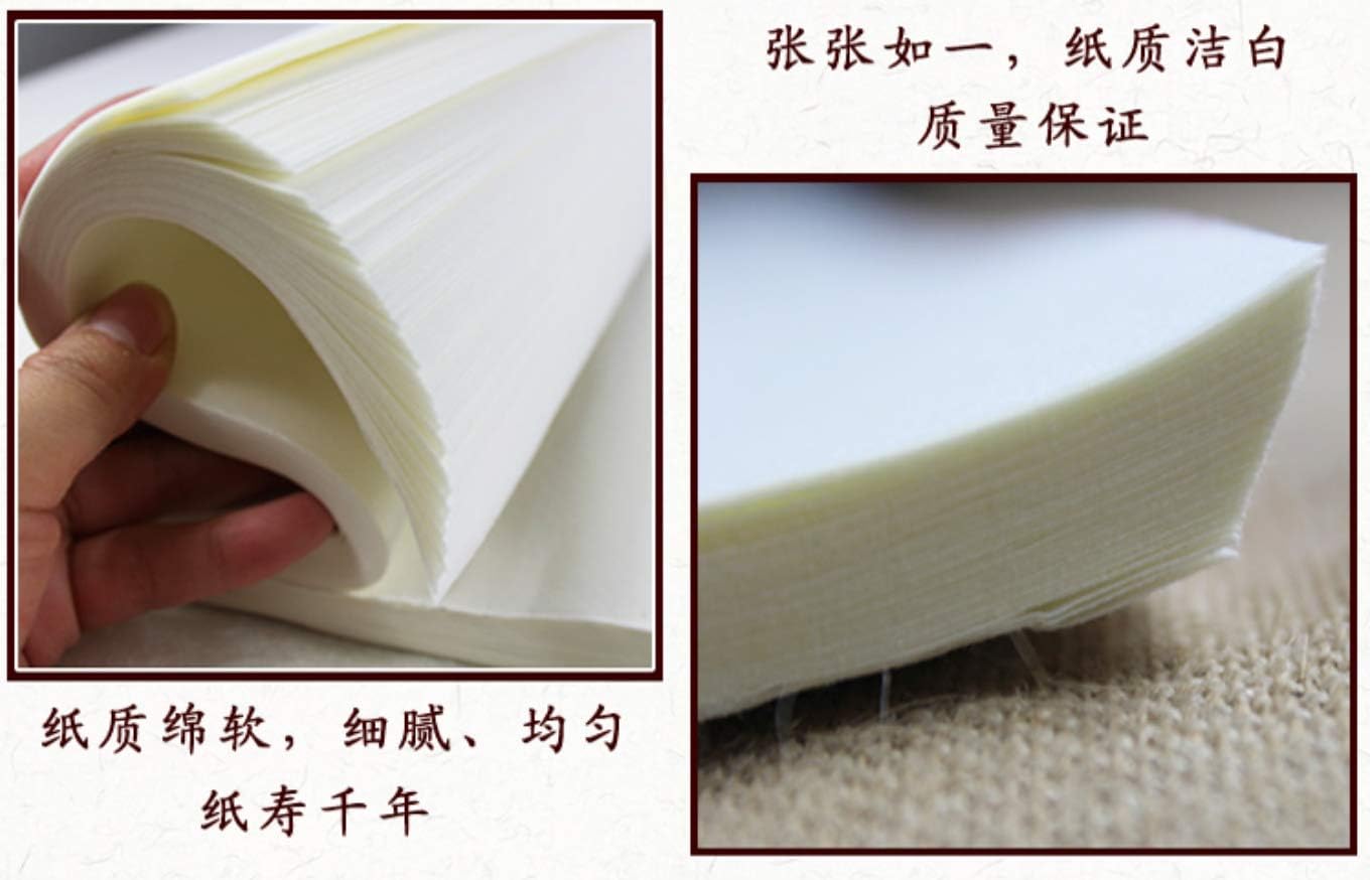 MEGREZ Chinese Japanese Calligraphy Xuan Paper, Rice Paper Sumi Calligraphy Paper for Calligraphy Brush Ink Writing, Painting Without Grids 100 Sheets/Bag,19.6 x 39.3 inch, Half Raw Ripe Xuan