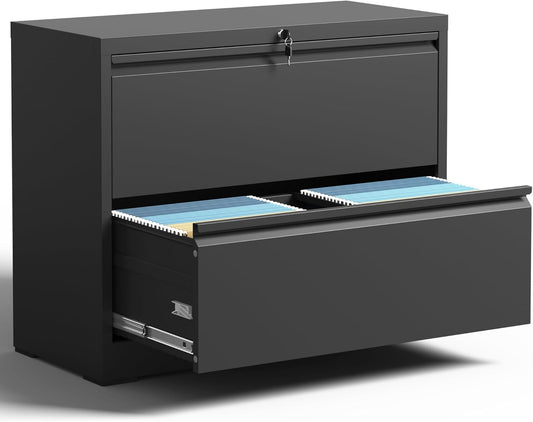 2 Drawer Lateral File Cabinet with Lock, Metal Filing Cabinets for Home Office, Steel Storage Wide File Cabinet for Letter/Legal/F4/A4 Size with Hanging Bars, Assembly Required (Black)
