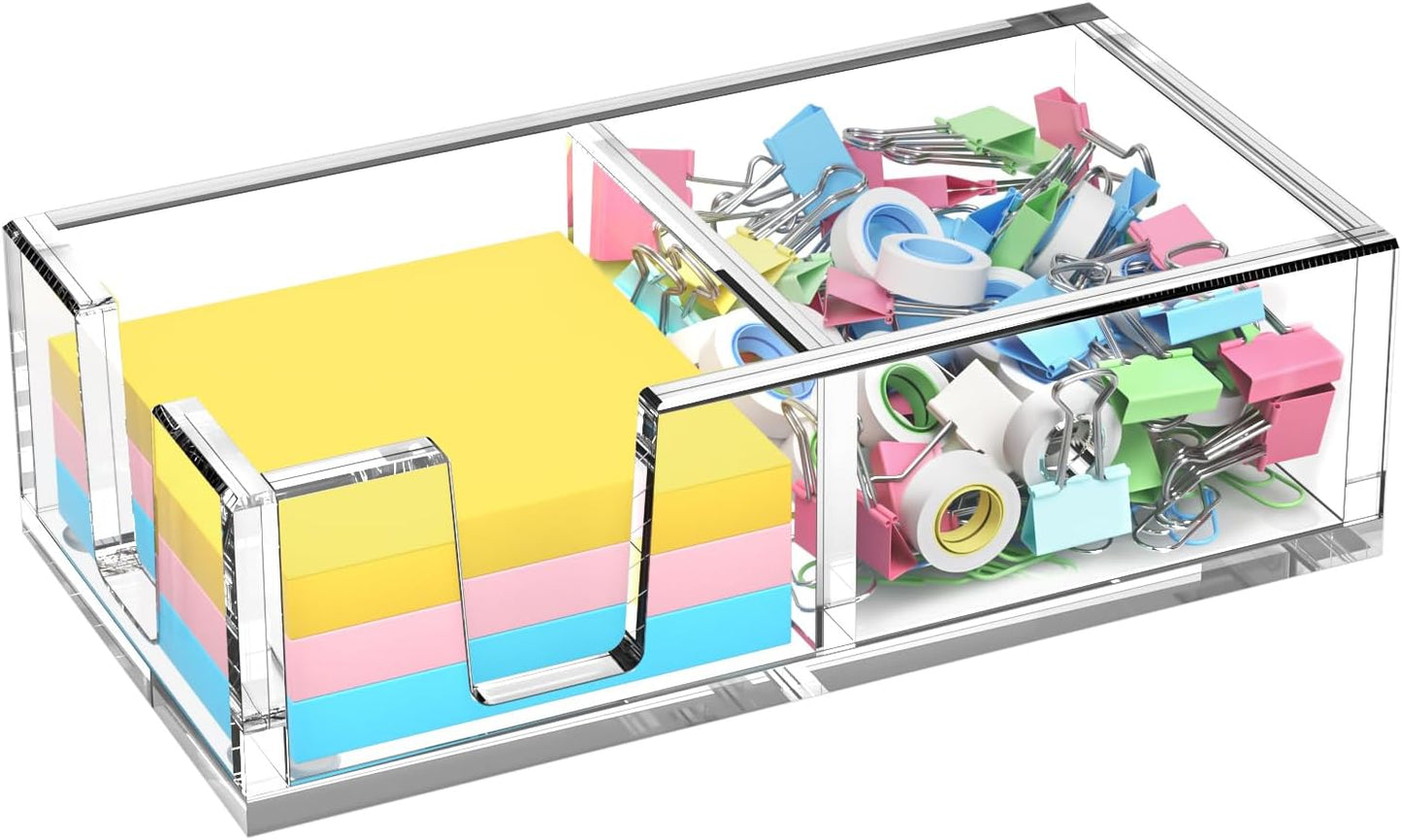 Acrylic Sticky Note Holder, Self-Stick Note Pad Holder W/O Pads - Note Dispenser Memo Pad Holder Desk Organizer for School Office Home (3''x3'' 2IN1 Clear)