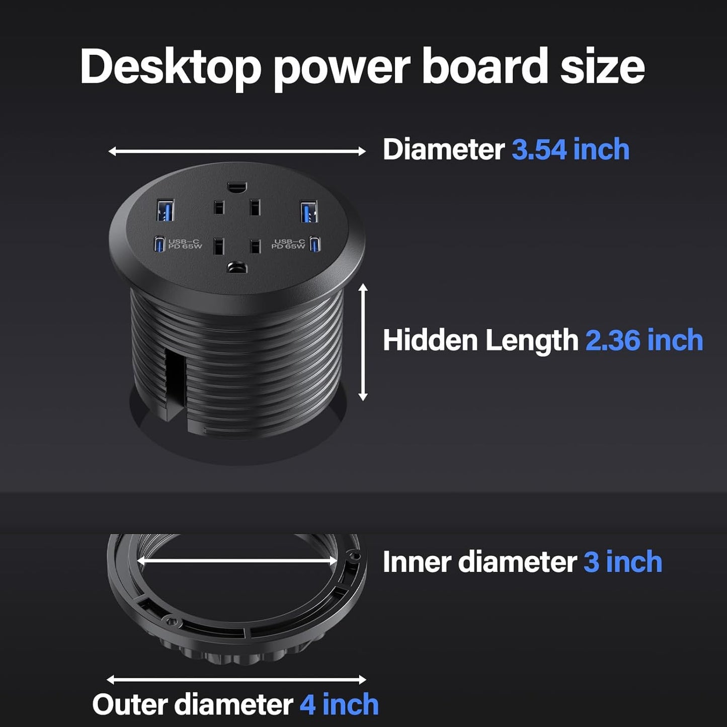 Jgstkcity Desktop Power Grommet, 65W USB C Fast Charging Port, Flush Mount Recessed Power Strip 3inch Hole,2 Outlets,4 USB Ports, Countertop Outlet (Black, 65W USB Port)