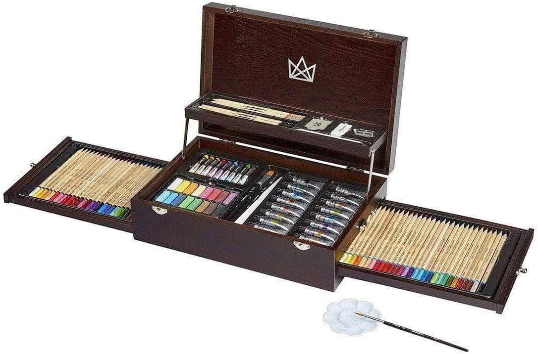 KINGART 131 MIXED MEDIA ART SET - 115 Pc., 2-Drawer Wooden Case, Pencils, Pastels, Paints, Brushes, Erasers, Sharpener, Palette Knife, Palette, Painting, Drawing, All Skill Levels, 115 Pc.