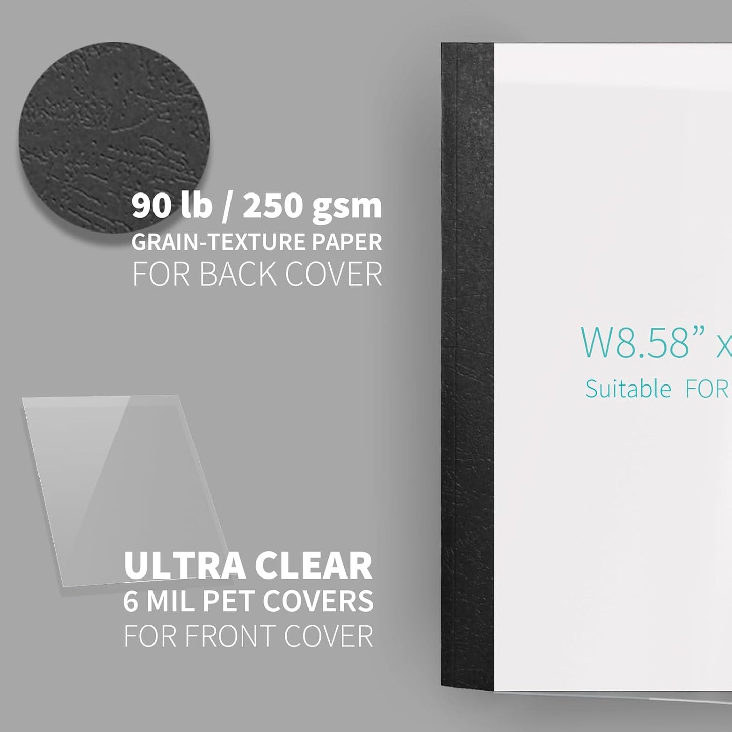 Binditek 20 Pack Thermal Binding Presentation Covers, 1/16 Inch Spine Holds 15 Sheets, Ultra Clear Front Cover, Black Paper Back Cover, Letter Size, for Students and Coworkers