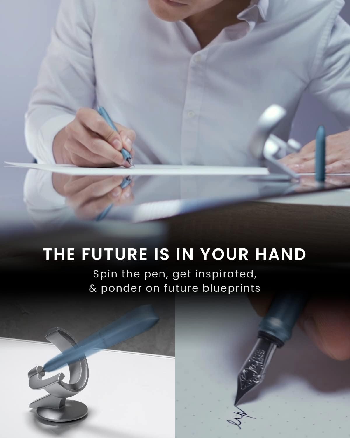 novium Hoverpen Future Edition - Luxury Fountain Pen & Rollerball Pen All-In Gift Box, Fine Nib, Futuristic Aesthetic, Aerospace Metal Made, Free Spinning Executive Pen, Mens Gifts Ideas (Mist Blue)