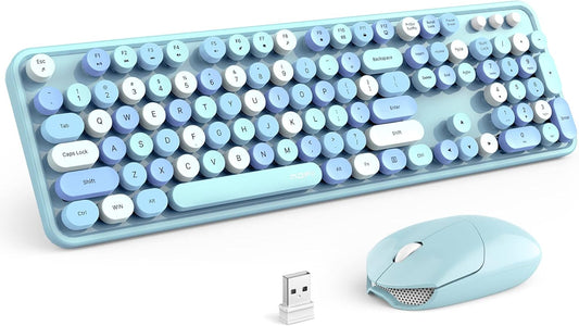 MOFII Wireless Keyboard and Mouse Set, Retro Full Size Typewriter Keyboard with Number Pad and Sport Car Mouse for PC Computer Desktop Laptop Windows (Blue Colorful)