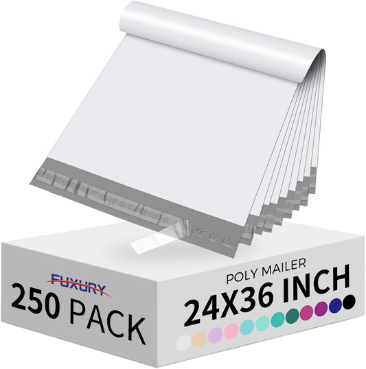 Fuxury 250 Pcs 24x36" Poly Mailers,Waterproof Mailing Envelopes for Clothing, Strong Adhesive Poly Shipping Postage Bags for Small Business(White)