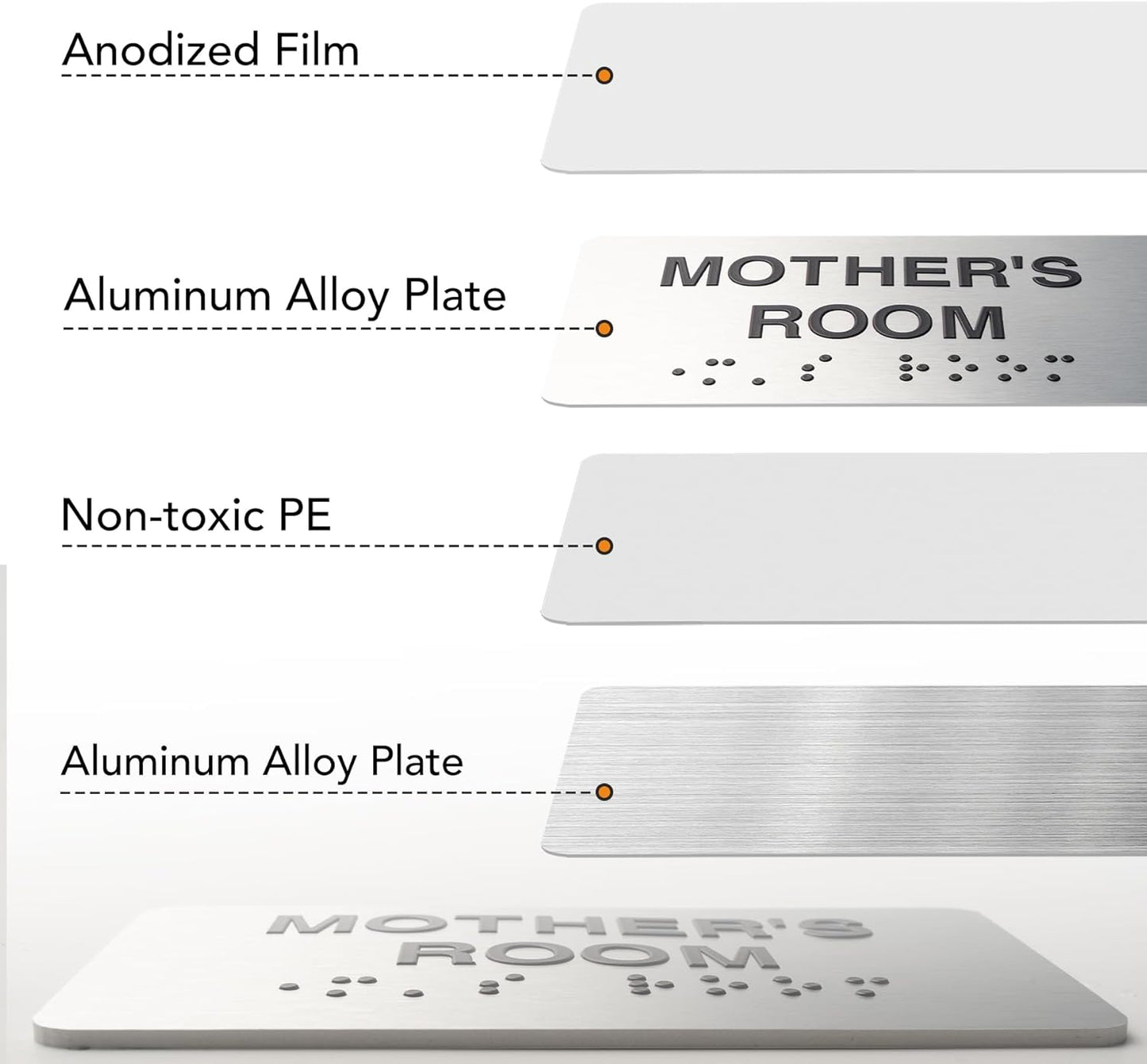 Office Signs for Business and Office, ADA Signs with Raised Text & Grade 2 Braille, Easy Installation with Adhesive Pad – Brushed Aluminum/Silver
