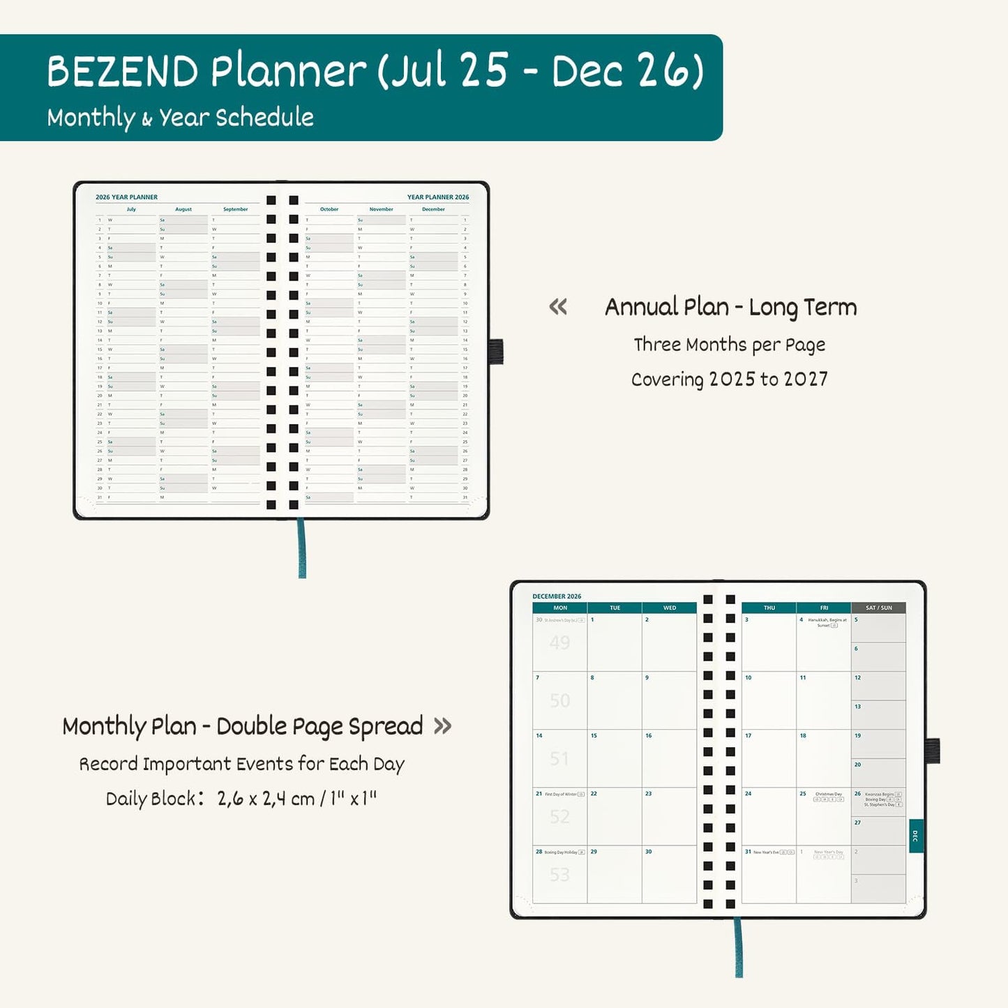 BEZEND Pocket Planner 2025-2026 Weekly with 2 Columns, 18-Month Academic Calendar (Jul 25-Dec 26), Life Work App., Storage Pocket, Pen Holder, PU Leather Softcover 3.5" x 6" Spiral - Dutch Blue
