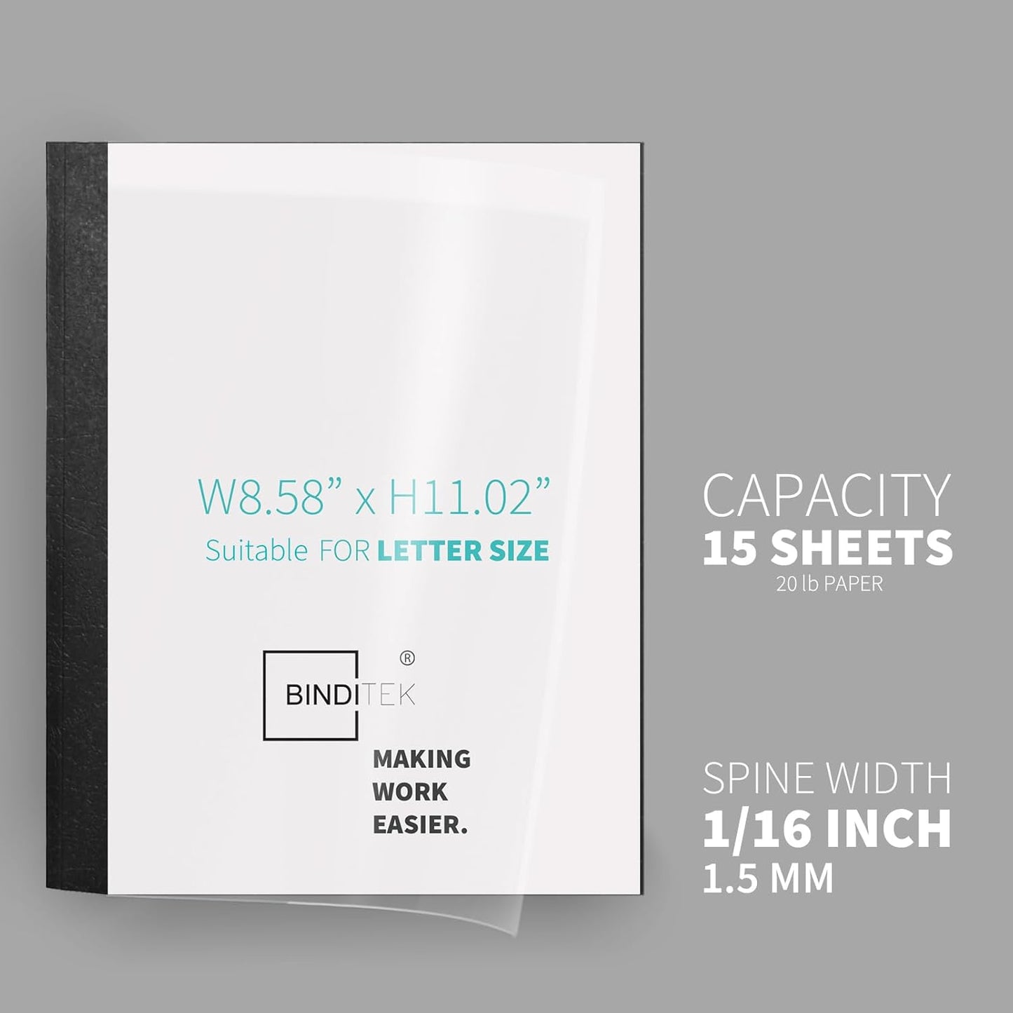 Binditek 20 Pack Thermal Binding Presentation Covers, 1/16 Inch Spine Holds 15 Sheets, Ultra Clear Front Cover, Black Paper Back Cover, Letter Size, for Students and Coworkers