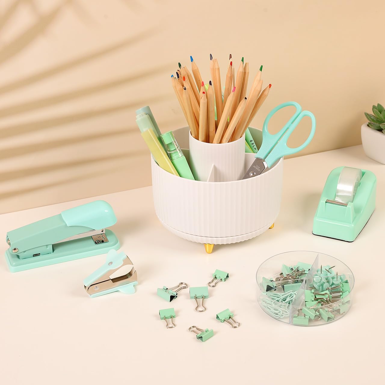 SKYDUE Teal Office Supplies Set, Office Desk Accessories 10Pcs, Pencil Holder for Desk, Stapler, Tape Dispenser, Scissors, Clips and 1000pcs Staples, School Supplies for Teacher