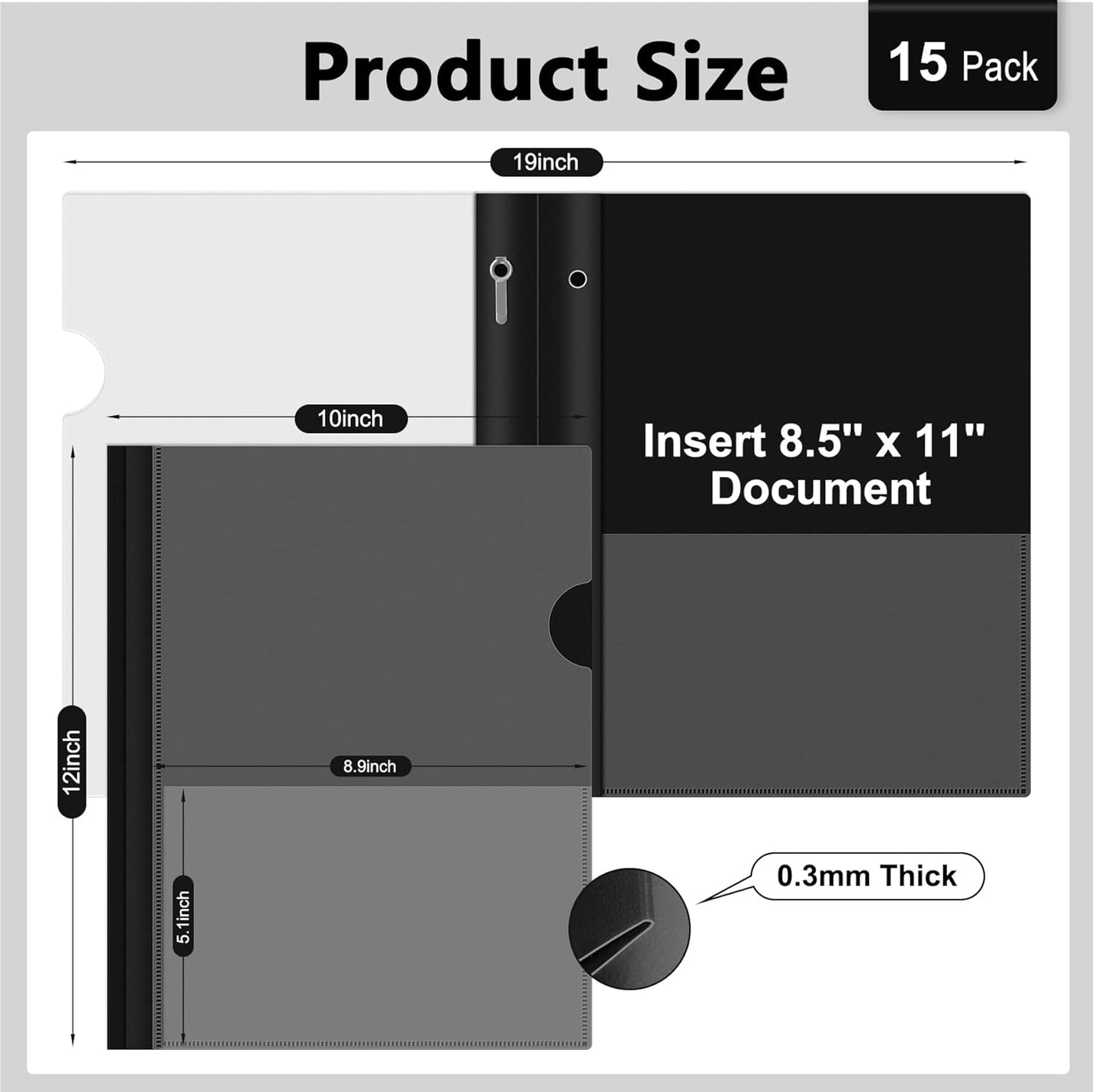 Ndsox 15 Packs Clear Front Report Covers with 3-Prong Fasteners, Plastic Project Presentation Folders Resume Document Covers with Black Back for 8.5" x 11" Letter Size Paper for School Office Business