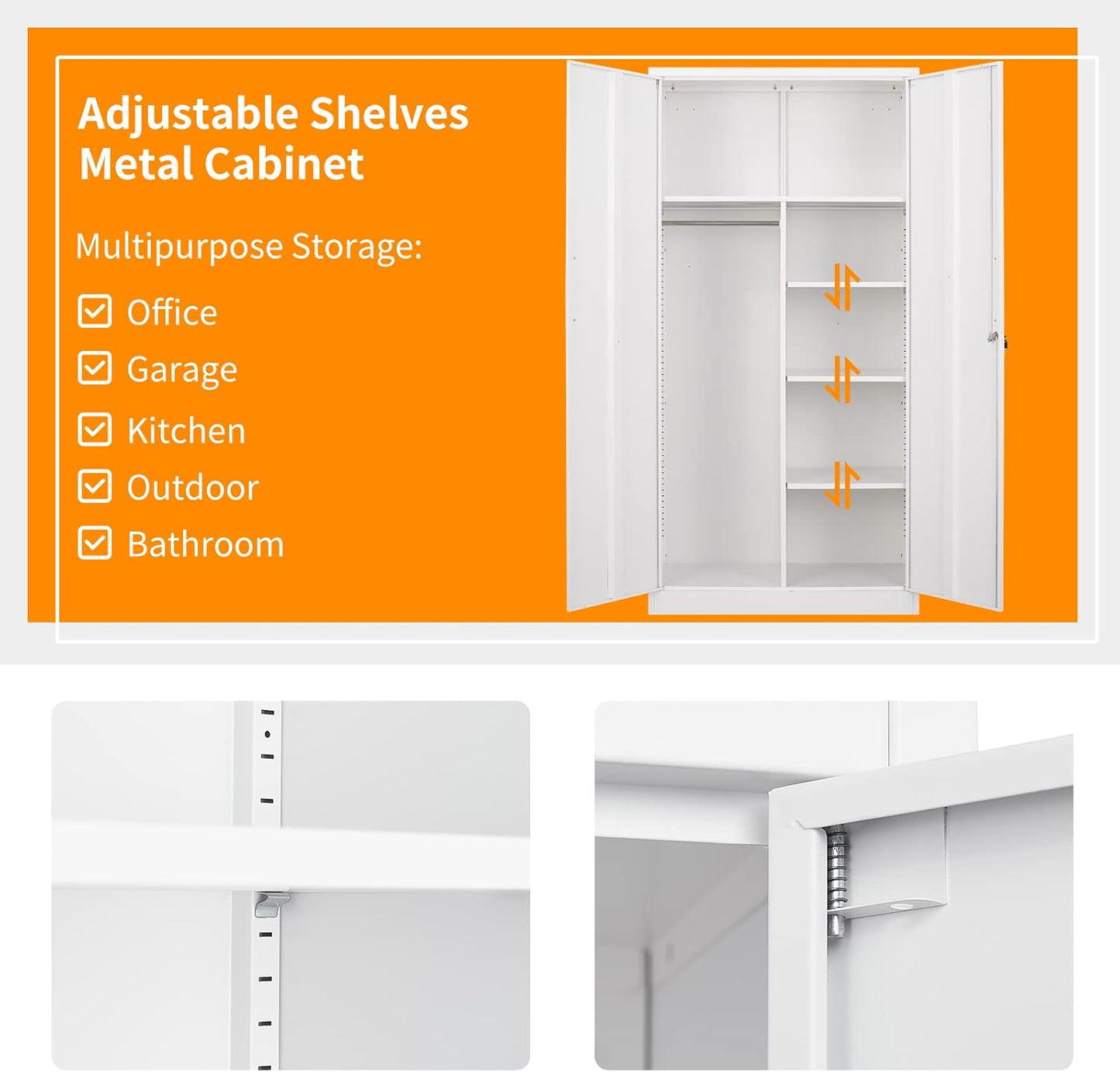 MIIIKO Steel Wardrobe with 2 Doors, White Metal Locker for Storage with Hanging Rod and 4 Shelves, Lockable for Bedroom and Home Office