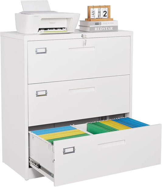 SISESOL 3 Drawer Lateral File Cabinet with Lock,White Lateral Filing Cabinet,Horizontal Metal Filing Cabinet,Locked Wide Three Drawer File Cabinet for Office Home,Fit A4/F4/Letter/Legal File