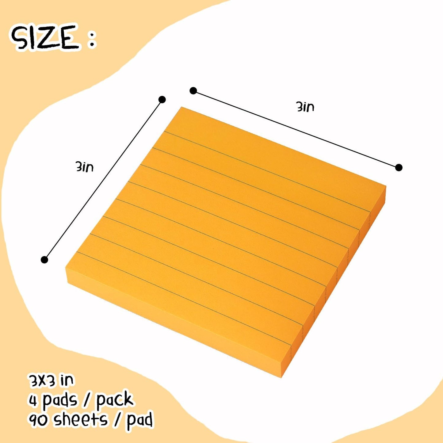 Lined Sticky Notes 3x3 Sticky Notes with Lines Self-Stick Notes Bright Color 4 Pads 90 Sheets/Pad (Orange)