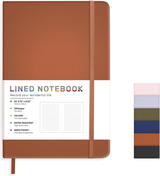 Lined Journal Notebook for Women Men, 200 Pages A5 Hardcover Leather Journals 5.7” x 8.3”, A5 College Ruled Notebooks with 100 GSM Thick Paper for Writing,Travel,School,Office,Work,Business(Brown)