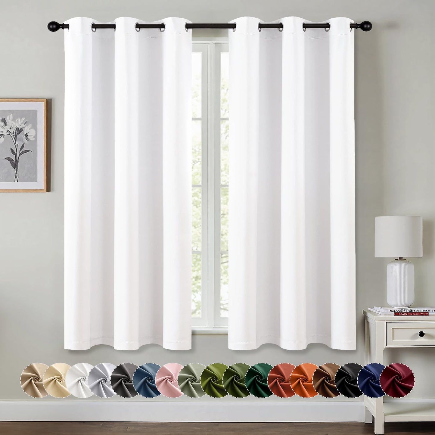 MIULEE Pure White Room Darkening Curtains for Bedroom Living Room 63 Inches Long 2 Panels, Thermal Insulated Energy Saving Drapes Solid Grommet Top Noise Reducing Window Treatments 40x63 Inch