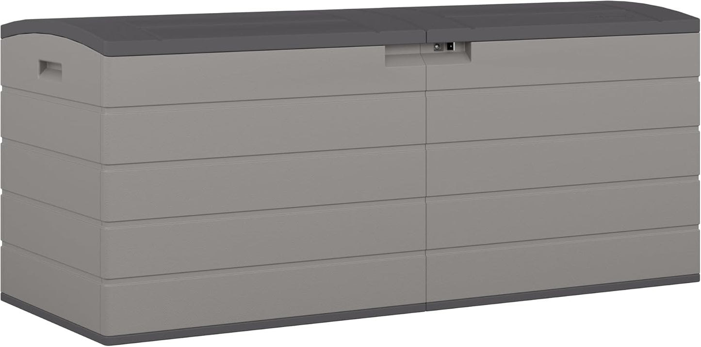 Suncast 120-Gal. All-Weather Patio Deck Box with Pad-Lockable Split Top Lid, Extra-Large Outdoor Storage Unit for Patio Furniture and Grill Tools, Made in the USA
