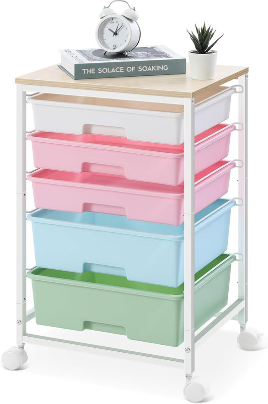 Utility Cart with 5 Drawers,Storage Drawer Cart with Wooden Tabletop and Lockable Wheels,Craft Storage Trolley Cart,5-Tier Rolling Utility Cart on Wheels,Rainbow