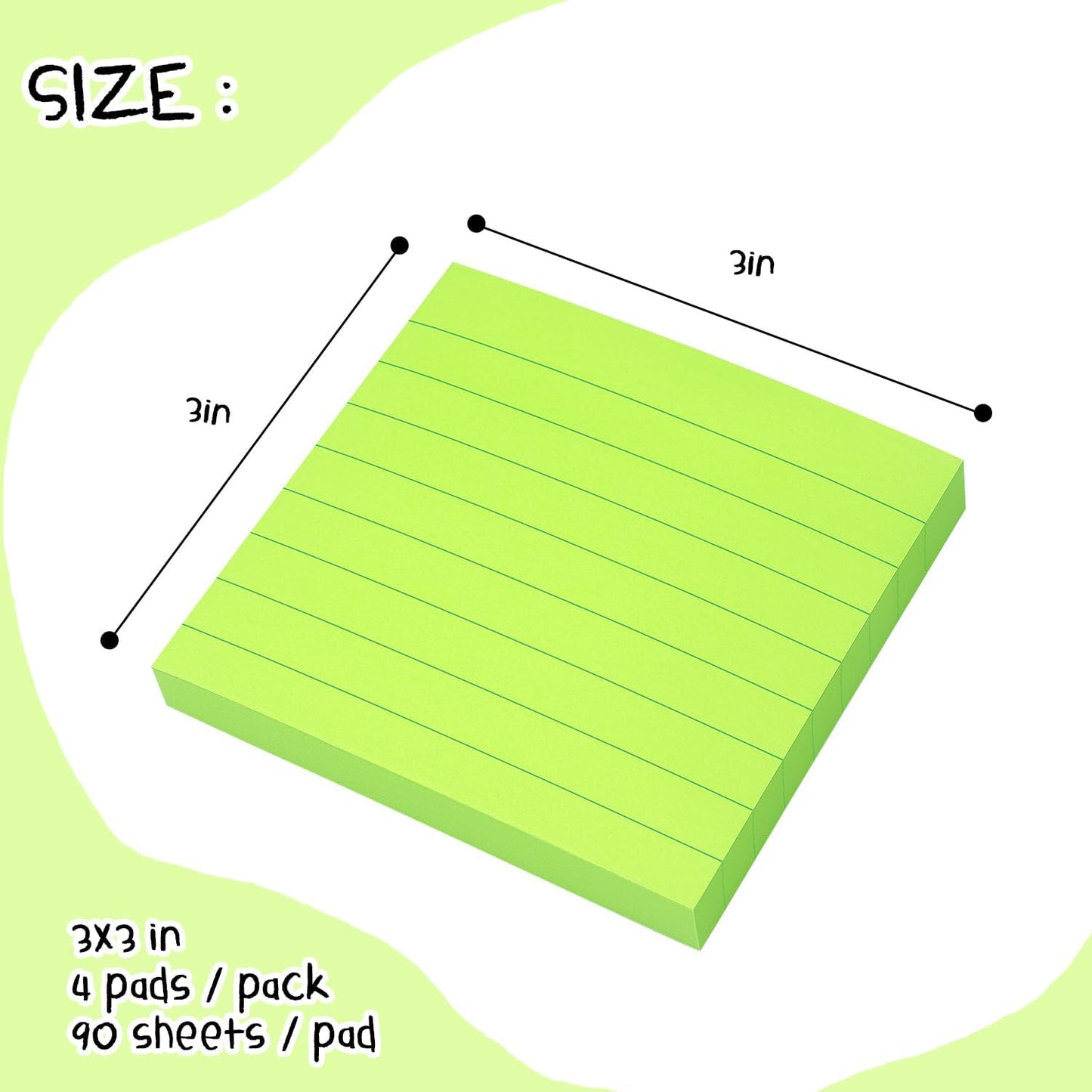 Lined Sticky Notes 3x3 Sticky Notes with Lines Self-Stick Notes Bright Color 4 Pads 90 Sheets/Pad (Green)