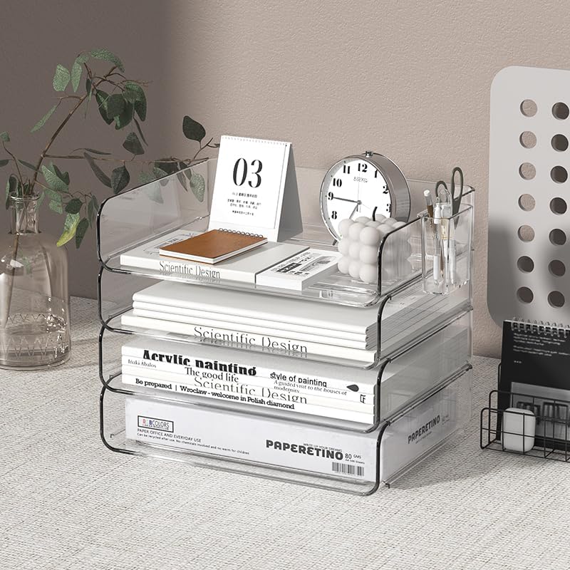 4-Tier Stackable Paper Tray Organizer for Desk with Detachable Hanging Pen Cup - Durable PET Desktop Paper Organizer, Space-Saving Desk Accessory