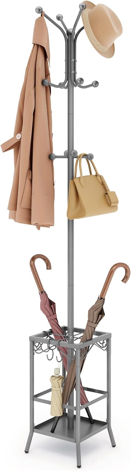 Hoctieon Coat Rack Freestanding With Umbrella Holder, Metal Coat Tree With 12 Hooks, Standing Hanger for Entryway, Hat Rack for Home Office, Gray