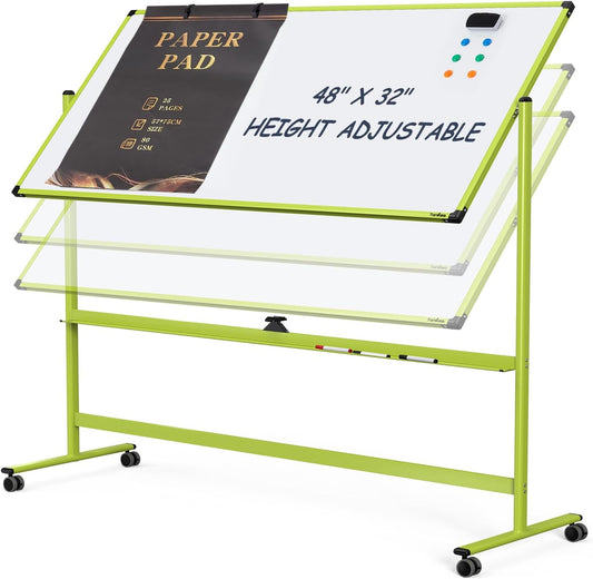 Rolling Whiteboard, 48x32 Inches Mobile Whiteboard on Wheels, Magnetic Dry Erase Board with Stand, Standing White Board for Office, School, Home, Large Double Sided White Board with Paper Pad