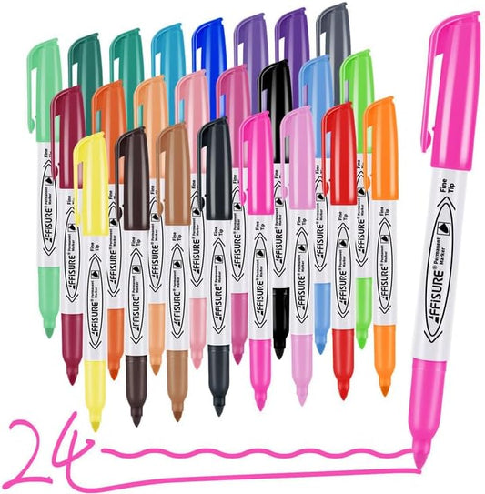 Permanent Markers Assorted Colors Set, 24 Colored Markers 24 Pack, Fine Point，Works on Wood, Plastic, Metal, and More, for Adults, Artist, Taecher, Kids