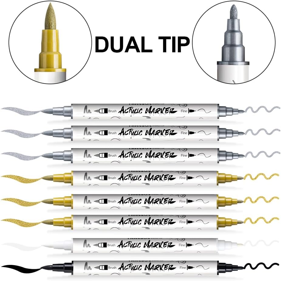 TRANSON 3 Gold, 3 Silver, 1 Black and 1 White Paint Markers Brush and Fine Dual-tip Acrylic Paint Marker Set for Rock Painting Glass Canvas Wood Leather Ceramic Painting