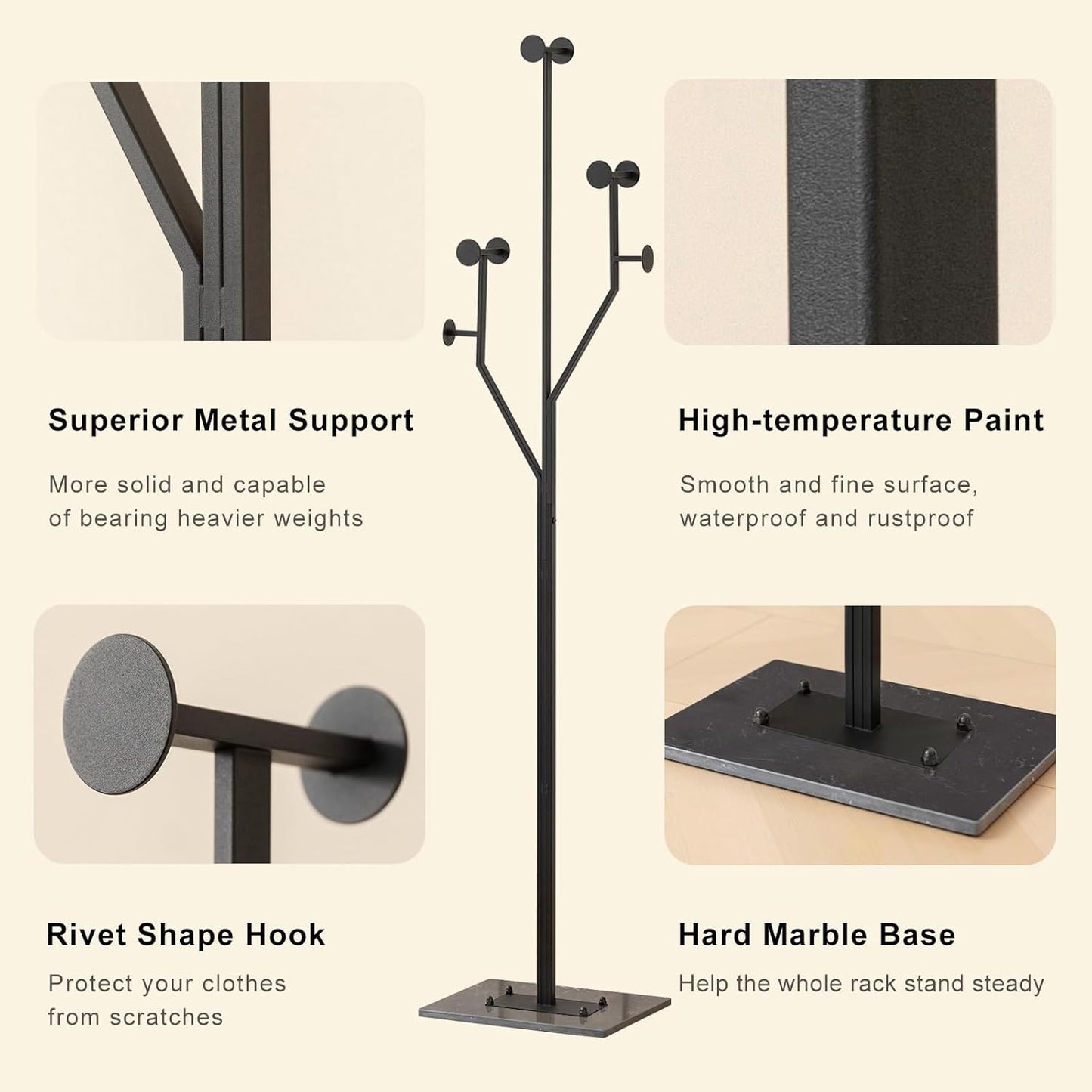 Freestanding Coat Rack Tree-shaped Metal Coat Tree with Heavy Duty Marble Base Corner Clothing Rack for Bedroom Entryway Hallway 14.96 x 10.24 x 68.9 Inches (Black)