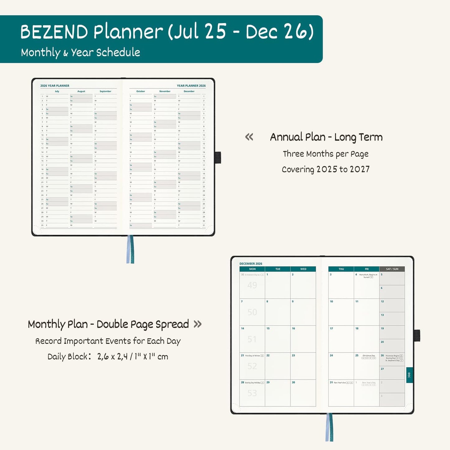 BEZEND Pocket Planner 2025-2026 Weekly with 2 Columns, 18-Month Academic Calendar (Jul 25-Dec 26), Life Work Appointment, Storage Pocket, Pen Holder, PU Leather Hardcover 3.5" x 6" - Lilac