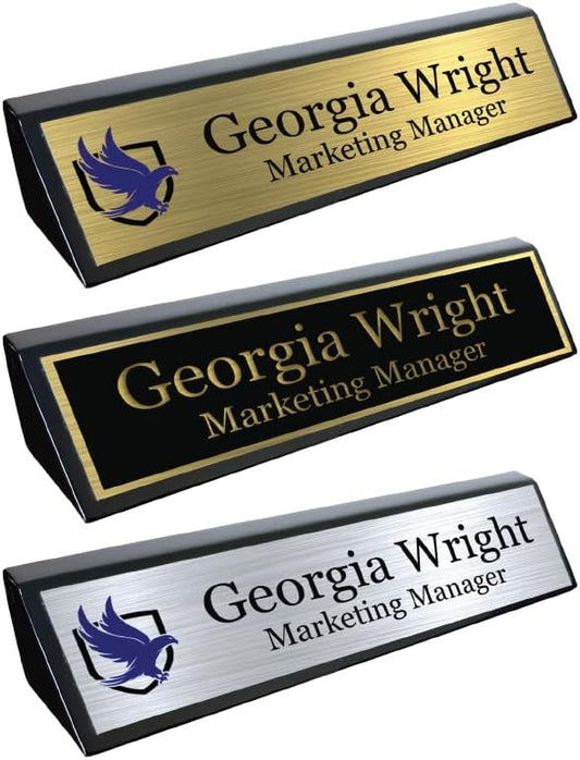 Custom Desk Wedge Name Plate - Personalized Titles and Styles (2x8 Inch, Black Piano Finish w/Name Plate)
