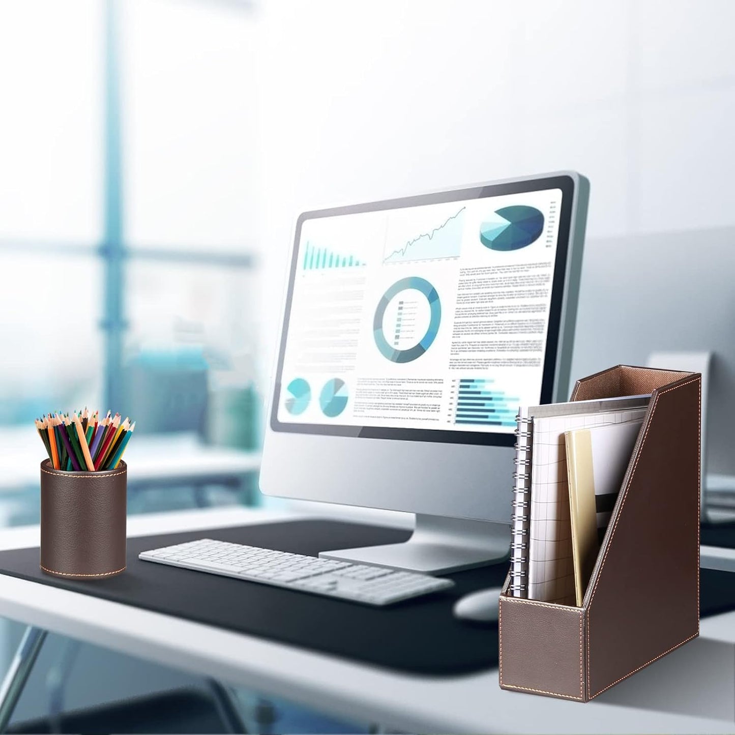 Ayunga PU Leather 6-piece Office Supplies Combination Set,Pencil Cup,Business Card Holder,Sticky Note Dispenser,Mail Sorter,Letter Tray,Files Holder,Suitable for Self-use and Friend Gifts (Brown)