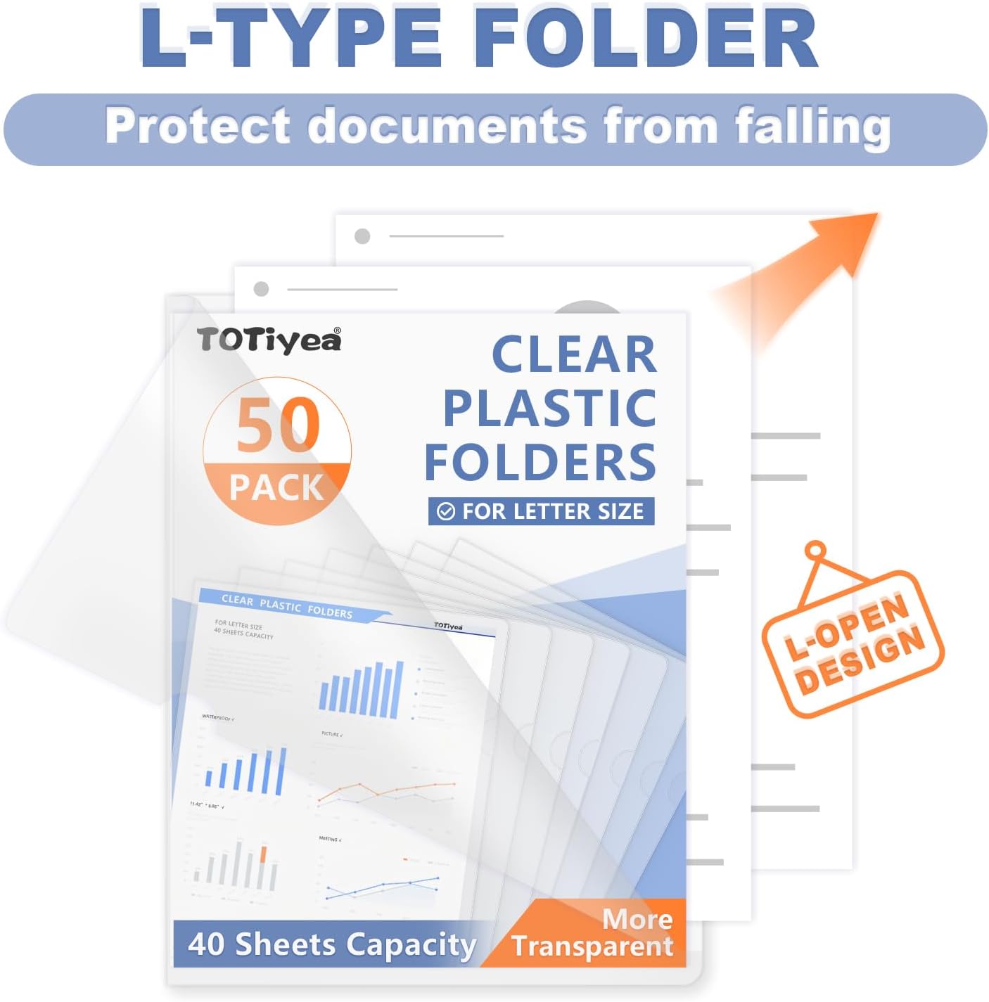 TOTiyea 50 Pack Clear Folder, Plastic L-Type Folders, Clear Copy Safe Project Pocket, Fits Letter Size 8.5x11 Paper, Transparent