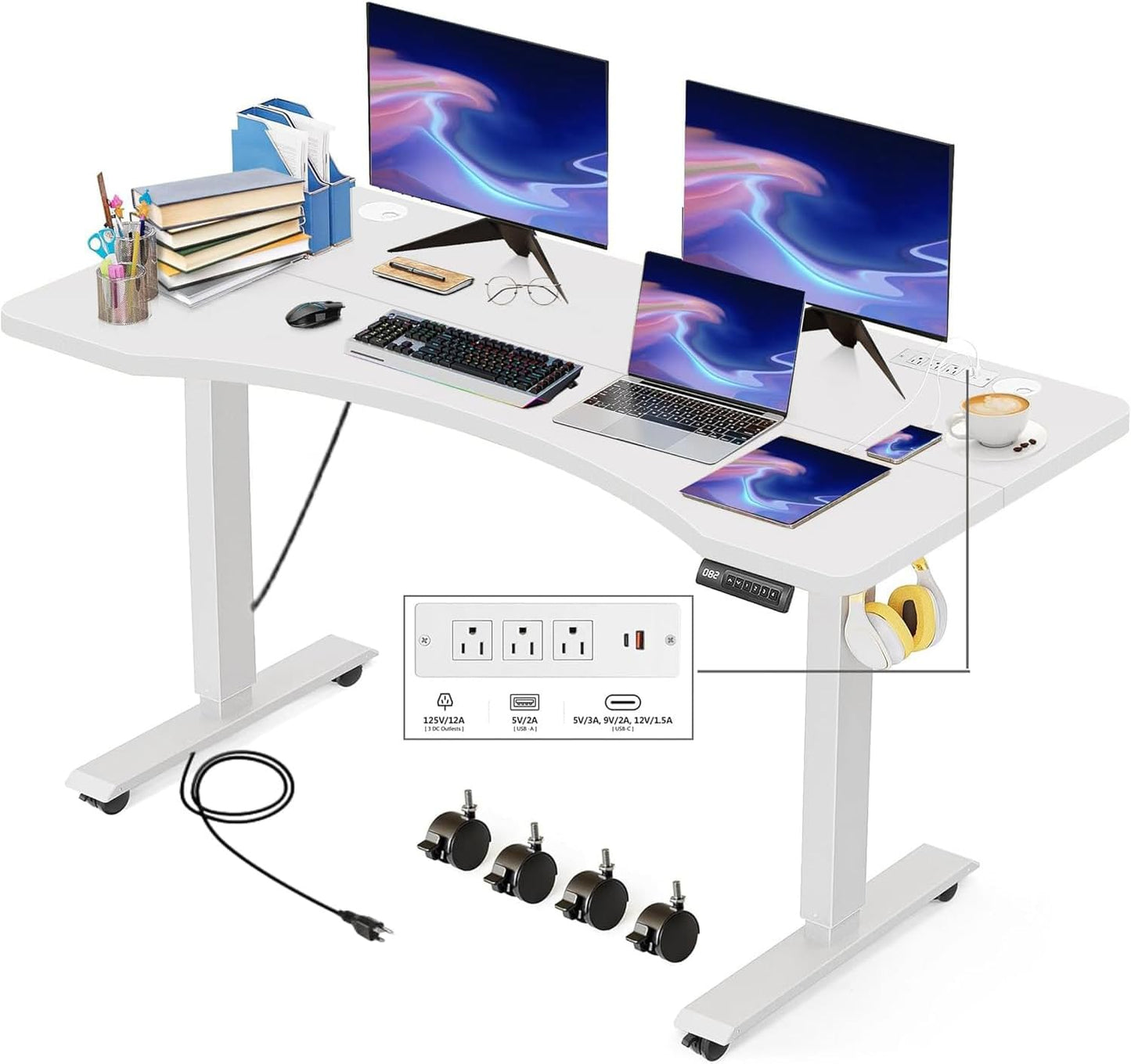 Electric Standing Desk 55 x 24 Inches Adjustable Height Ergonomic Sit Stand Up Desk Curved for Home Office Computer Workstation with 2 USB Ports 3 Power Outlets Memory Preset Wheels, White