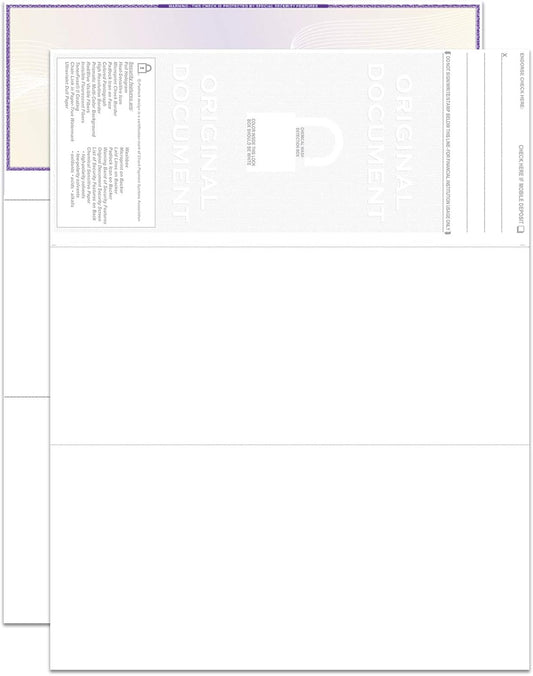 EZ Checks Premium High Security Check Paper with Hologram & 20 Security Features | 500 Sheets (Purple/Yellow, Check at Top)