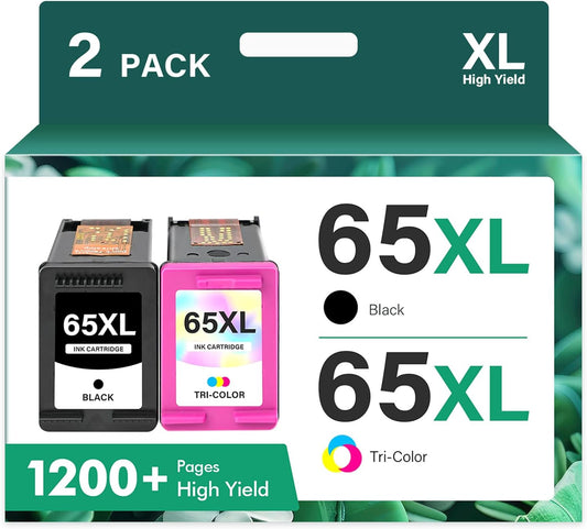 65XL 65 Ink Cartridges Black/Color Combo Pack Remanufactured Replacement for HP65 XL Black and Color for HP Envy 5055 5052 5000 DeskJet 3755 3772 3700 2600 3752 Printer (Black Tri-Color)