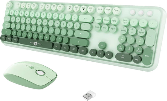 FOPETT Wireless Keyboard and Mouse Combo, 104 Keys Full-Sized 2.4 GHz Round Keycap Colorful Keyboards, USB Receiver Plug and Play, for Windows, Mac, PC, Laptop, Desktop (GradientGreen)
