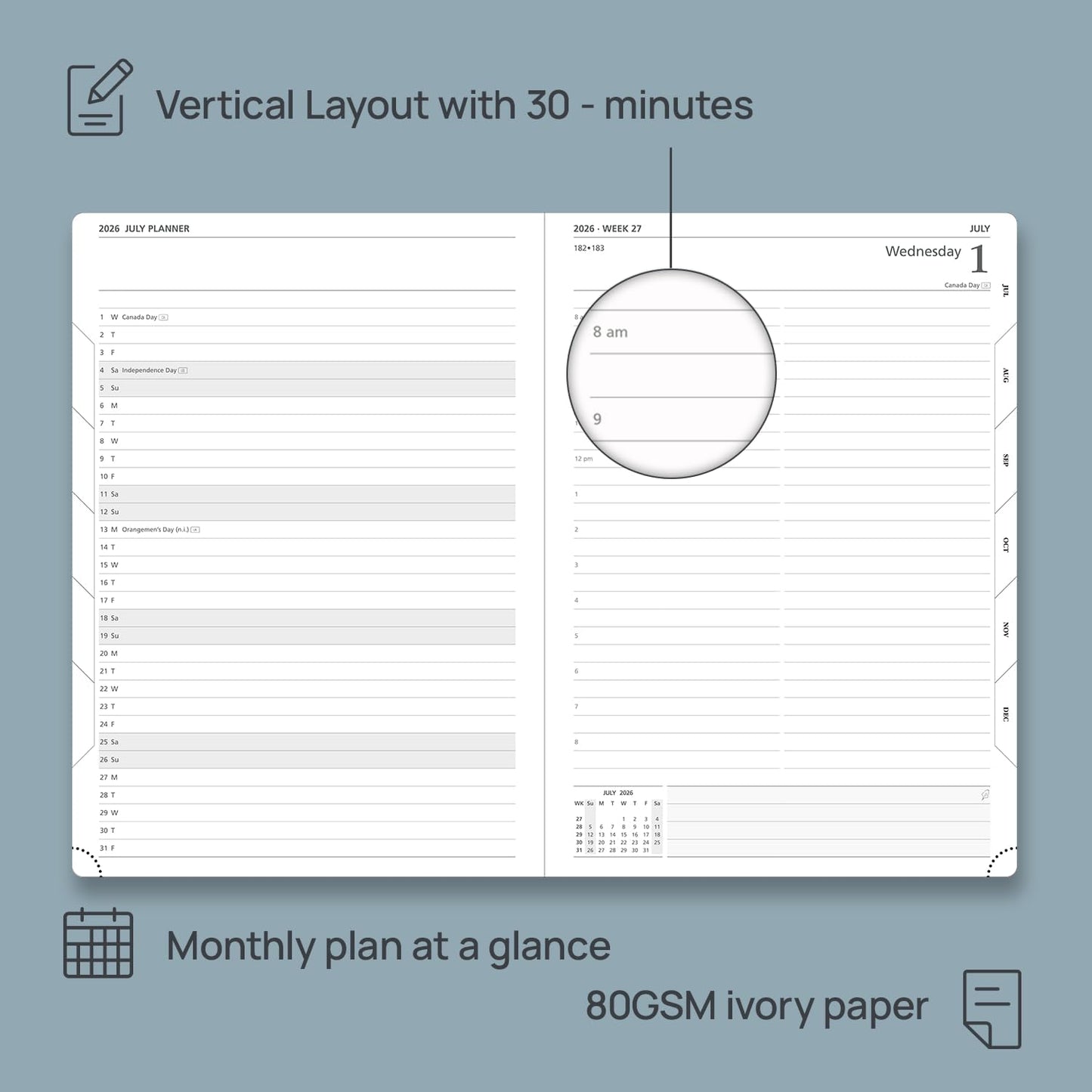POPRUN 2026 Daily Planner One Page Per Day Even Weekends A4 Large Size (8.5" x 12") - 12 Months Calendar Hourly Appointment Book with Inner Pocket, Pen Holder, Hardcover - Midnight Green