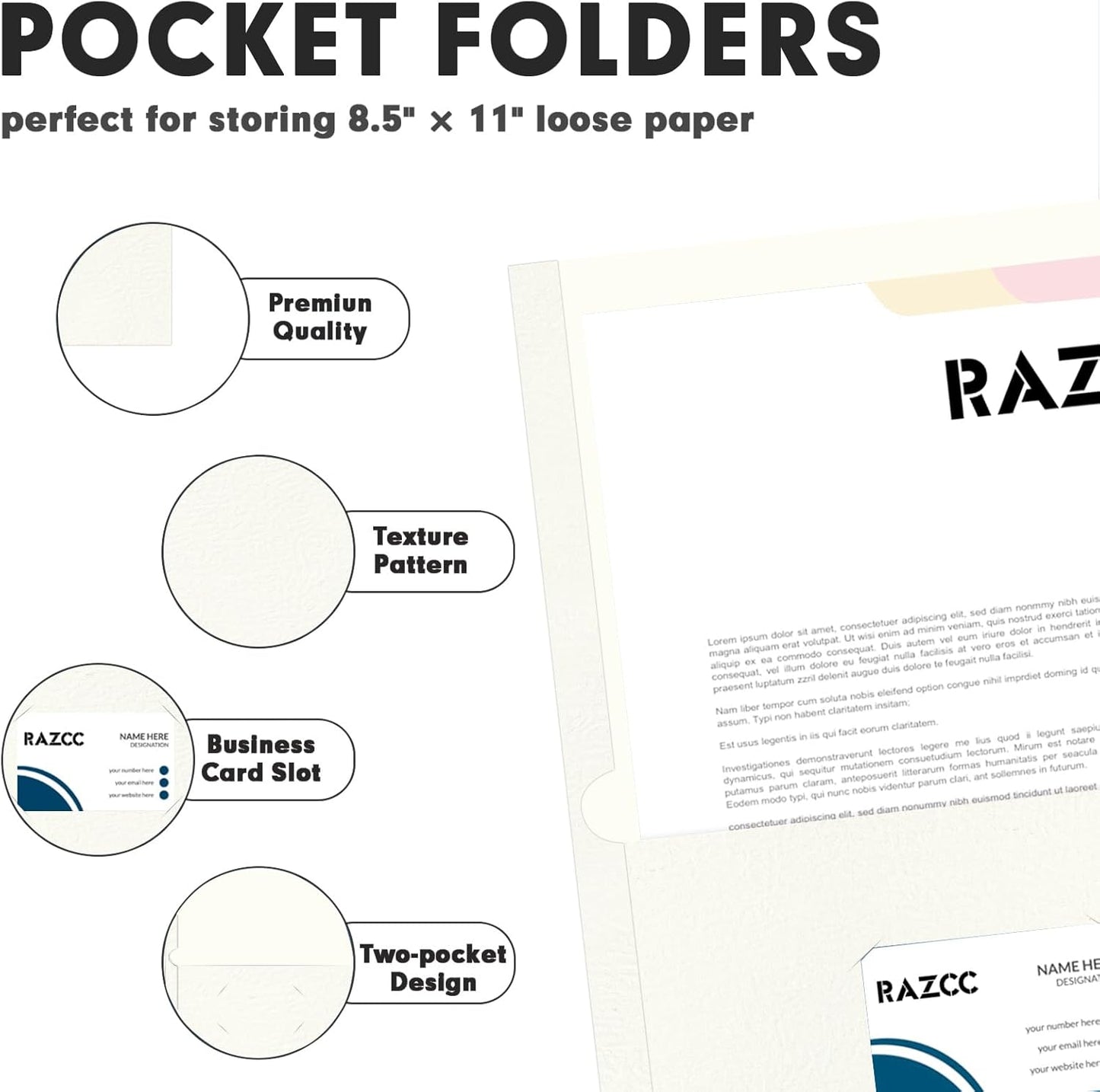 Two Pocket Folders, RAZCC 30 Pack File Folders with Pockets Fit Letter Size Paper, Thick Paper File Folder for School Office Business Home (White)