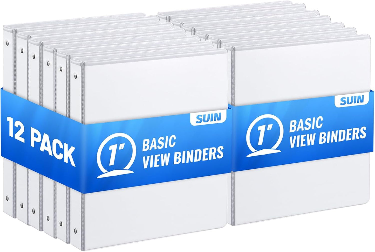 Basic 3 Ring Binder -1 or 1/2'' Binders with Roung Ring Binder, Large 100/200 Sheet Capacity, Fit 8.5" x 11" US Letter Size Paper, 12 Pack White (1'' White - 12 Packs)