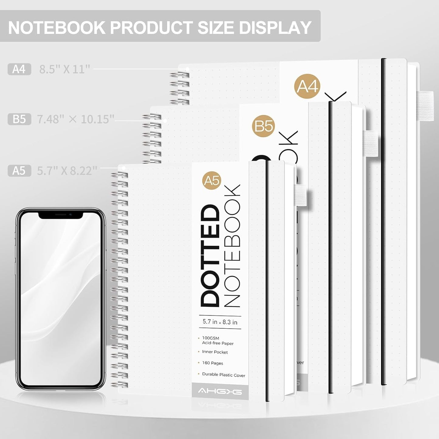 AHGXG Bullet Dotted Journal - Dot Grid Spiral Notebook B5, 140 Pages, 100 GSM Thick Paper, Waterproof Plastic Cover Journals for Bullet Journaling, Sketching, 7.6" x 10", Transparent