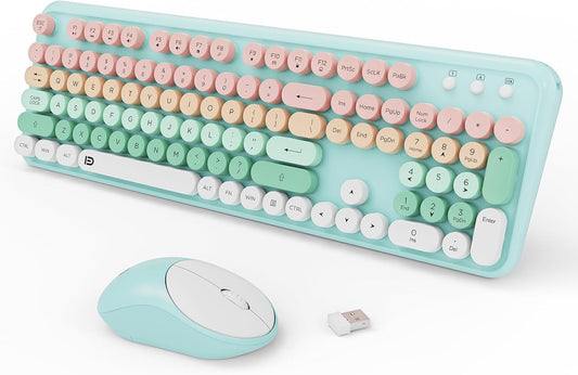 FOPETT 2.4GHz Wireless Keyboard and Mouse Set with Switch Button - Full-Size Keyboard - Compatible for Windows/Laptop/PC/Notebook/Smart TV and More - Green