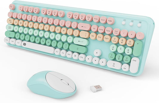 Keyboard and Mouse Wireless,2.4Ghz Retro Typewriter Style Round Keycap,Full Size Wireless Keyboard Mouse Combo,Cute Cordless Keyboard Mouse Set for PC Laptop Desktop Computer-Green White Pink Colorful