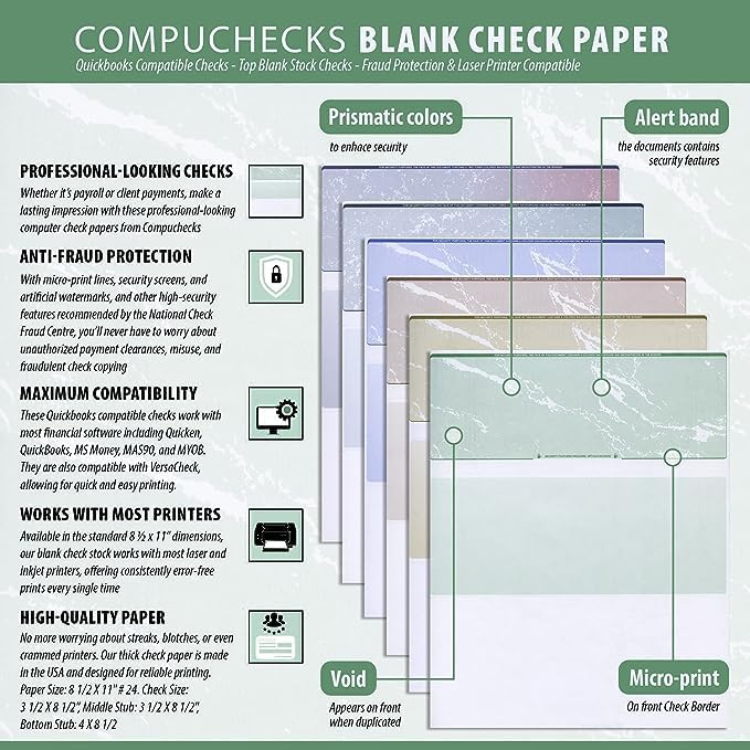 Compuchecks Check on Top Blank Check Paper - 1000 Pack, Quick-Books & Laser Printer Compatible - Security Business Checks with Voucher - 8.5" x 11" Steel Blue Pinstripe
