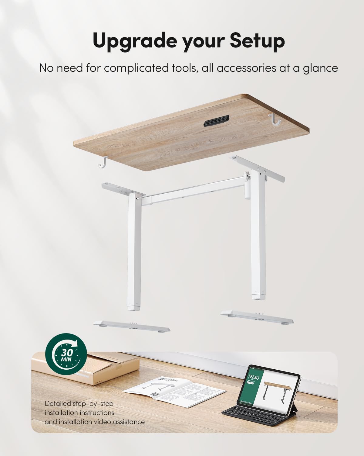 FEZIBO One-Piece Standing Desk Adjustable Height Stand up Home Office Desk, 55x24 Inch Electric Standing Computer Desk, with 4 Memory Presets, Fixable casters, Light Walnut